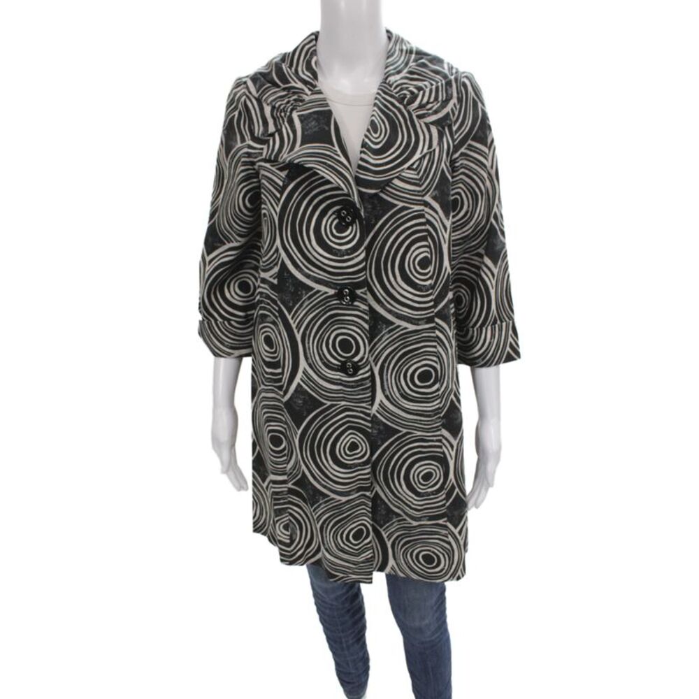 3 Sisters Women Basic Jacket Black Linen Geometric 3/4 Sleeve Button Size S